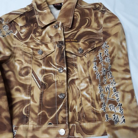 Navi Jeans Vintage Denim Jean Jacket Japanese Anime Design Gold Tie-Dye Size S - Picture 2 of 11